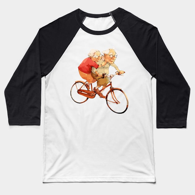 Old Couple Bicycling Baseball T-Shirt by erzebeth